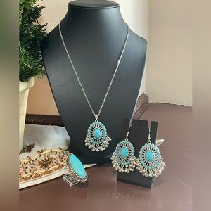 Turquoise & silver boho set - includes necklace, earrings, and ring
